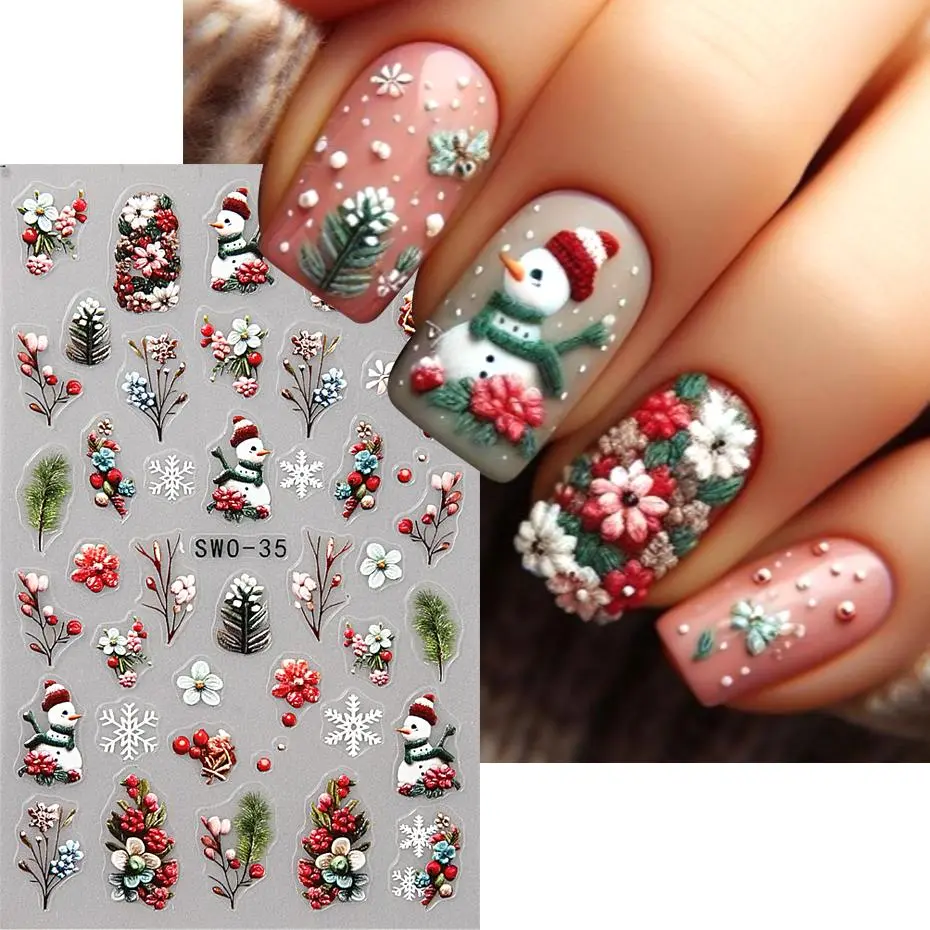 Christmas Nail Art Stickers Self-Adhesive Cartoon Snowflake Nail Decals Snowman Flower Nail Design Siders Manicure Accessories