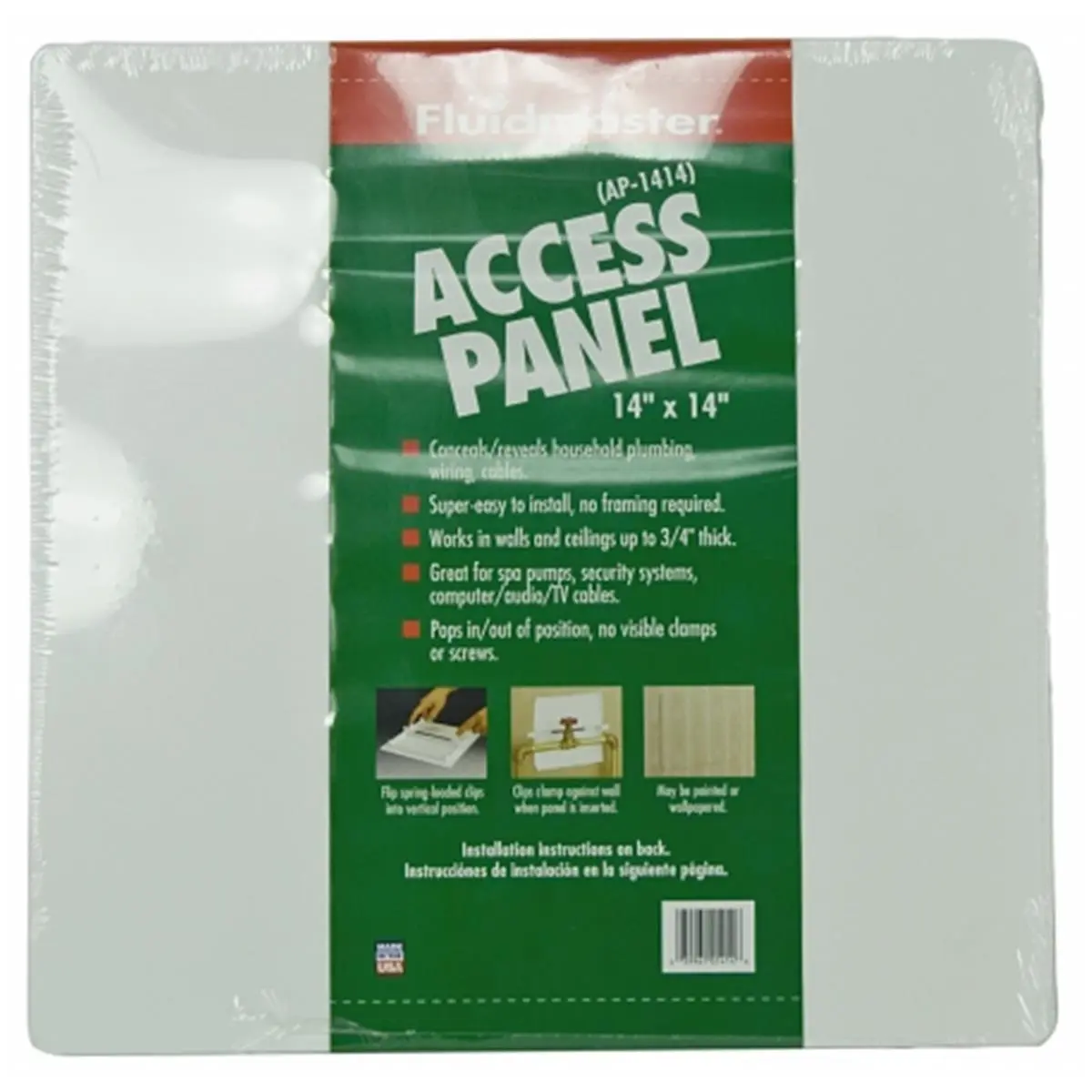 Fluidmaster AP-1414 14" x 14" Flat Indoor Access Panel, Home Improvement Solution for Walls & Ceilings, Wiring Cover, Conceals and Reveals Wiring, Paintable, Wallpaperable, Fits Up to 3/4" Depths