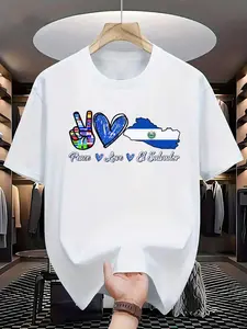100% Cotton Peace Love El Salvador Flag Hispanic Heritage Month T-Shirt, Casual Fitted Loose Streetwear, Summer Fashion Top Menswear Unisex