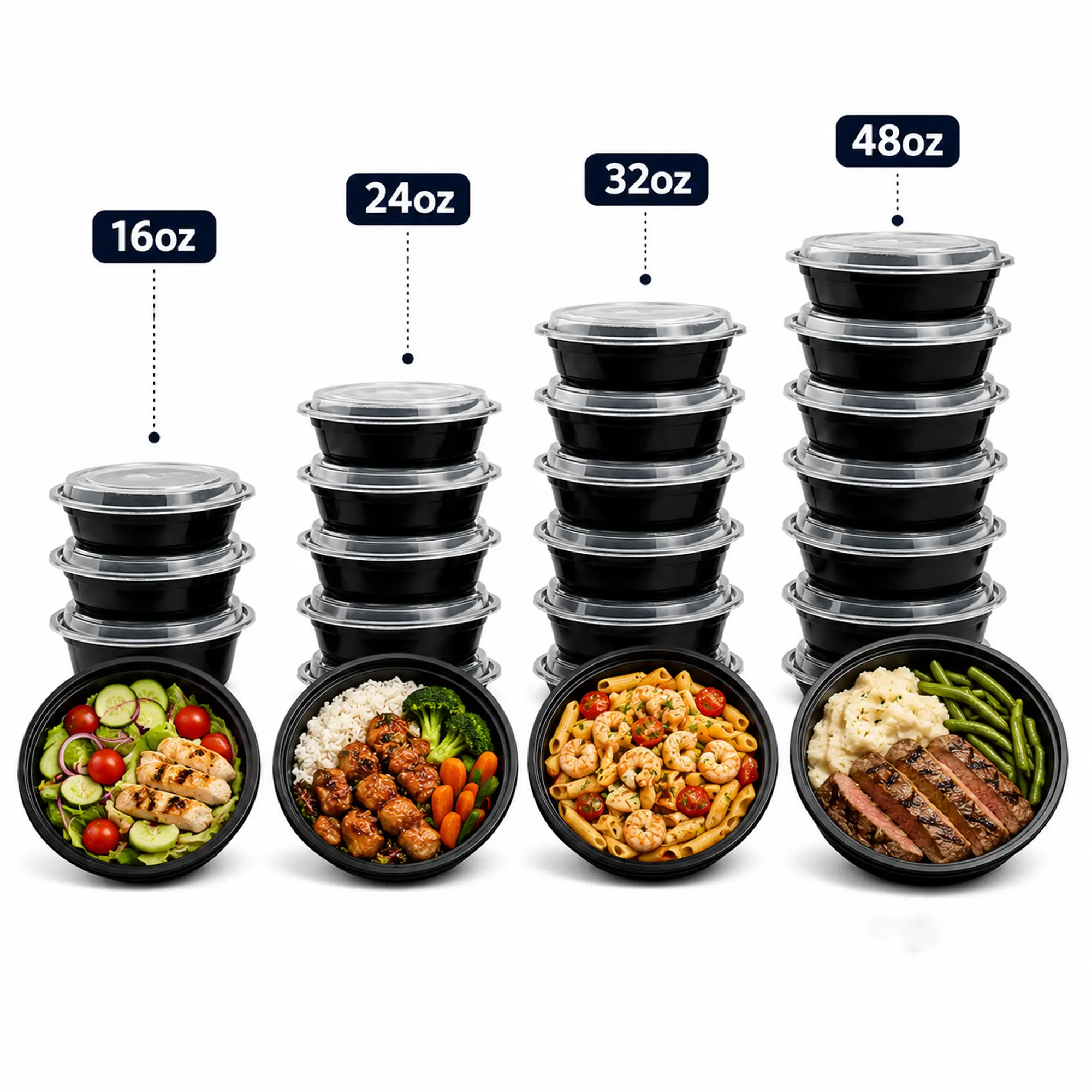 VeZee Black Meal Prep Plastic Bento Box Disposable Round Food Container with Clear Lid, BPA Free Food Storage Bowl, Microwave Safe, Freezer Safe, Leak Resistant, Reusable for Meal Prep, Lunch & Takeaway. (Pack of 50)