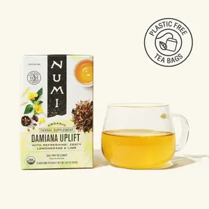 Numi Organic Damiana Uplift Tea - Zesty Blend of Damiana Desert Lime Lemongrass Lemon Balm & Licorice Root - Plastic Free Tea Bags - Caffeine Free