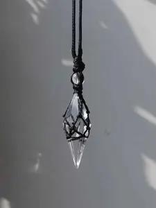 Handwoven Black Macrame Clear Quartz Pendulum Necklace, Natural Faceted Crystal Point Pendant, Boho Divination Healing Jewelry, Adjustable Cord Necklace for Spiritual Practice & Everyday Wear