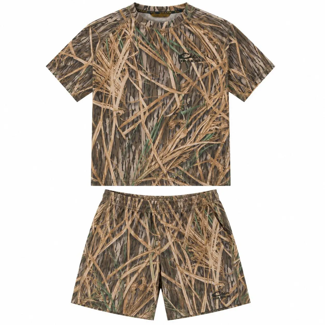 DRAKE Men's Marsh Camo Hunting T-Shirt & Shorts Set – Lightweight Quick Dry Waterfowl Camouflage Outdoor Performance Outfit for Hunting, Fishing & Hiking