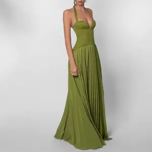 Women'S Sexy Halter Neck Low-Cut Backless Waist-Cinching Pleated Bright Green Bridesmaid Dress Minimalist