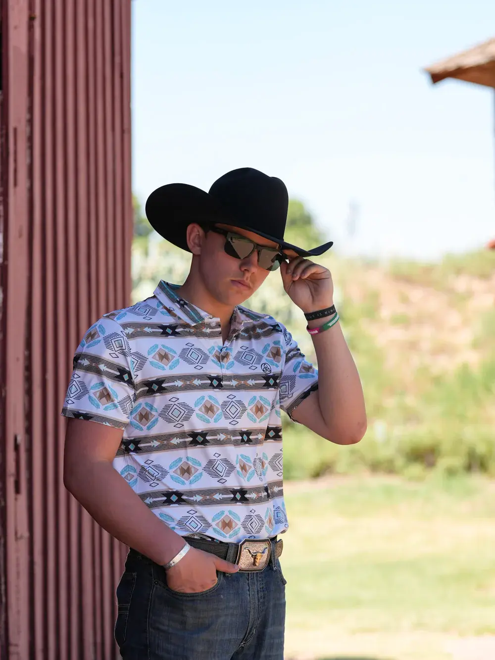CueroLine Western - Men's White & Brown Feather Aztec Performance Polo Menswear Top Outdoor Polyester Casual Fabric