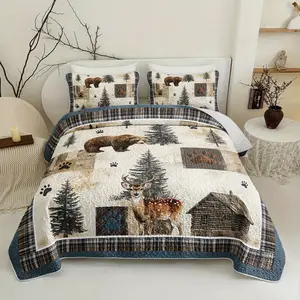 3pcs Rustic Cabin Bear Deer Bedding Set Woodland Animals Quilt Set Patchwork Bedspread Sets Farmhouse Bedroom Decor Four Seasons (1Quilt+2Pillowcases)