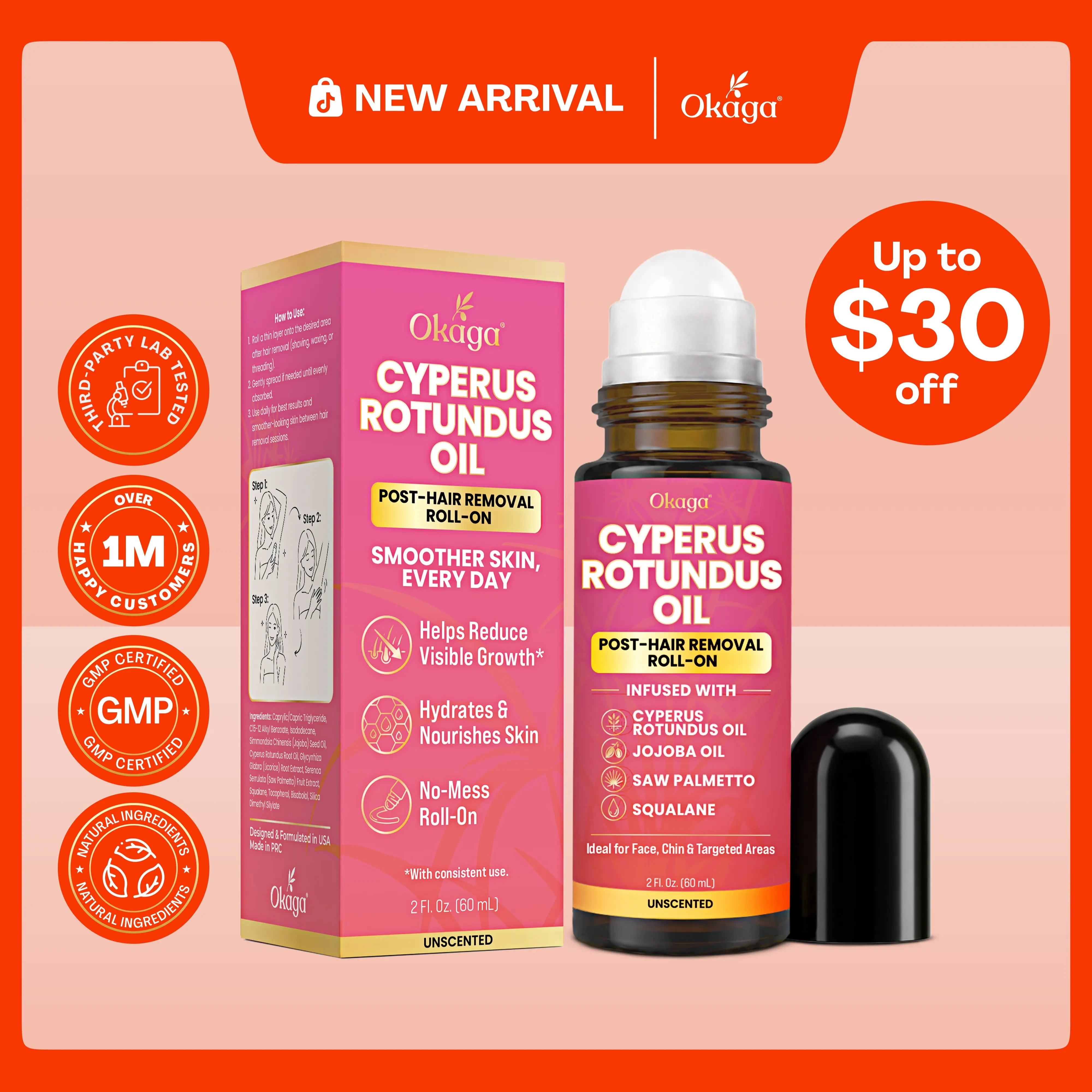 Okaga Cyperus Rotundus Oil | Natural Post-Hair Removal Roll-On | Armpit, Face, Chin, & Targeted Areas | Unscented | 60mL