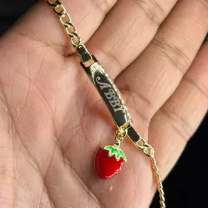 Custom Bracelet Strawberry Gold Plated Personalized Name Engraved Red Enamel Charm Fashion Jewelry
