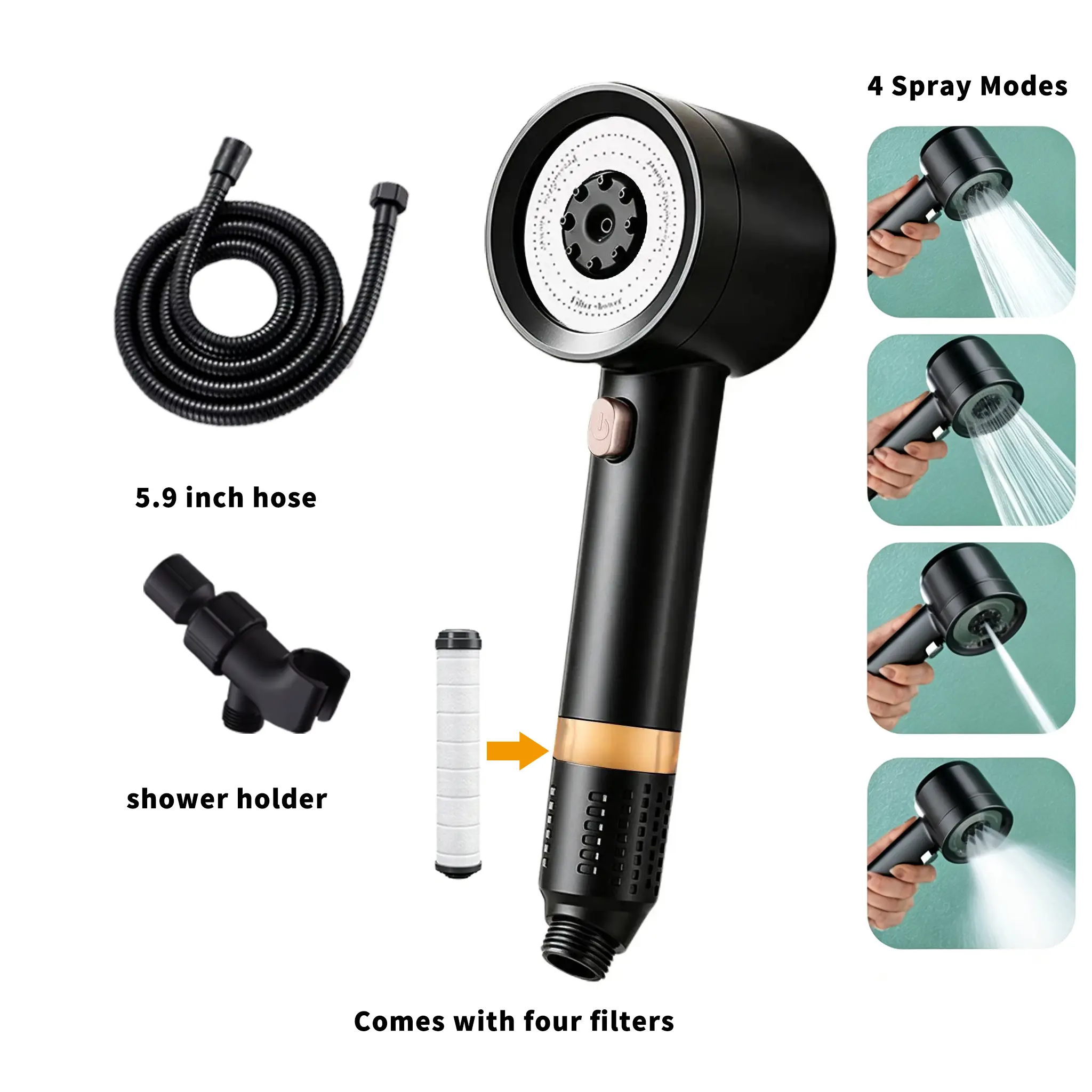 Handheld Shower Head, High-Pressure Filtered Model with 4 Spray Modes, 4 Filter Cartridges, Hose, Mounting Bracket, Universal-Fit Connection for Easy Bathroom Installation