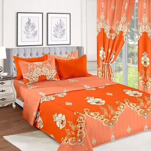 10 Pcs Orange Bed Sheets with Floral Design and Gold Accents