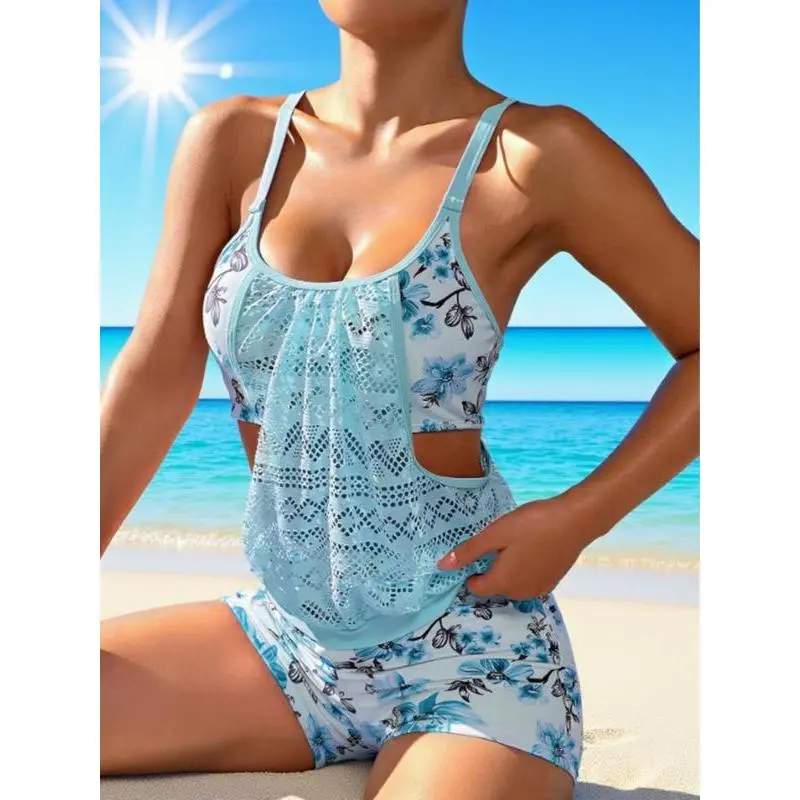 New two-piece quick-dry slim-fit spaghetti strap swimsuit set, floral print camisole bikini, sleeveless cutout design, high-waisted shorts, women's beach vacation swimwear, loose and comfortable, floral spaghetti strap swimsuit set.