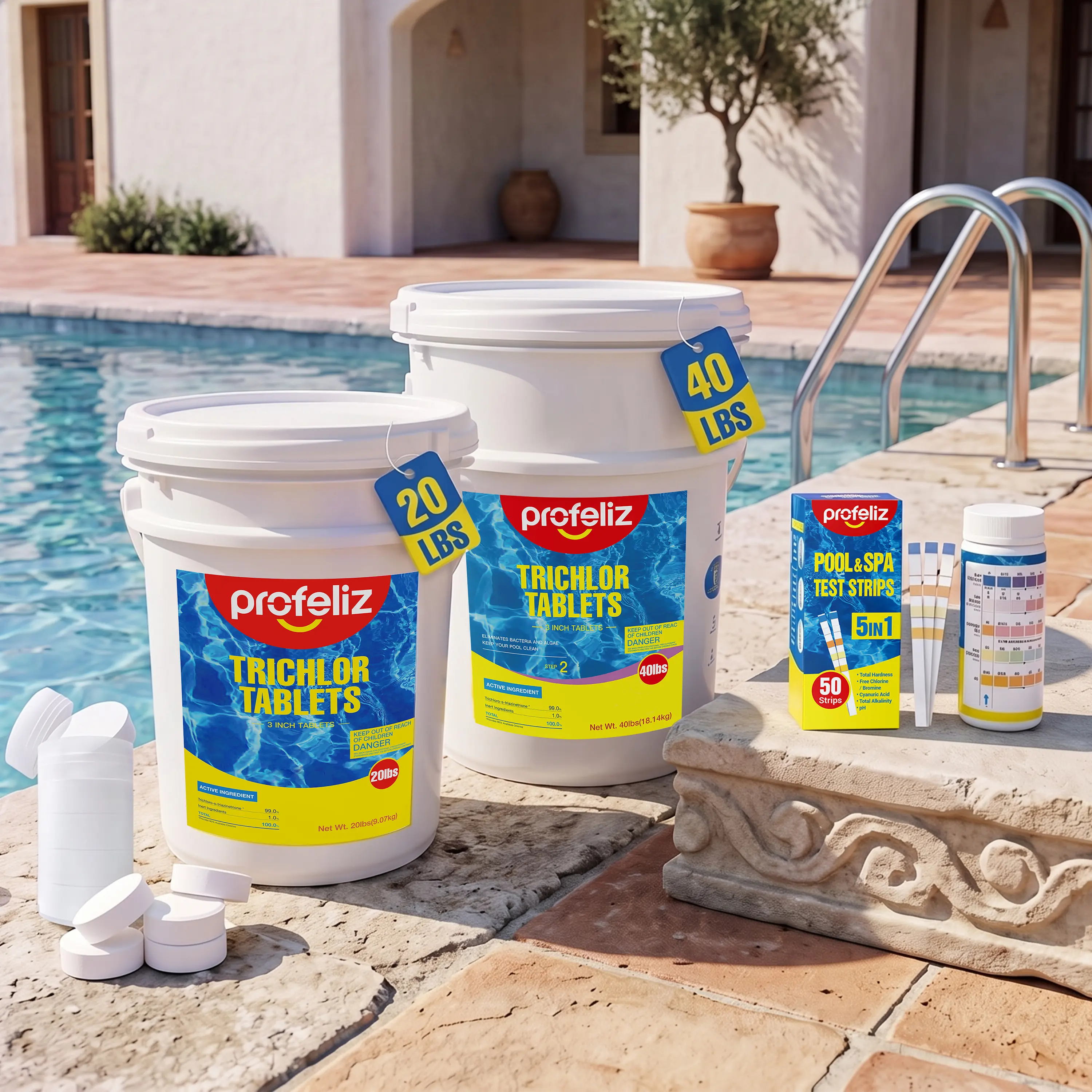 Chlorine Tablets 3 Inch, 20lb with Test Kit in Exclusive Protective Packaging, 99% Pure Trichlor Slow Dissolving Sanitizer, Chlorine Tabs Pool Chemicals for Inground & Above Ground Pools