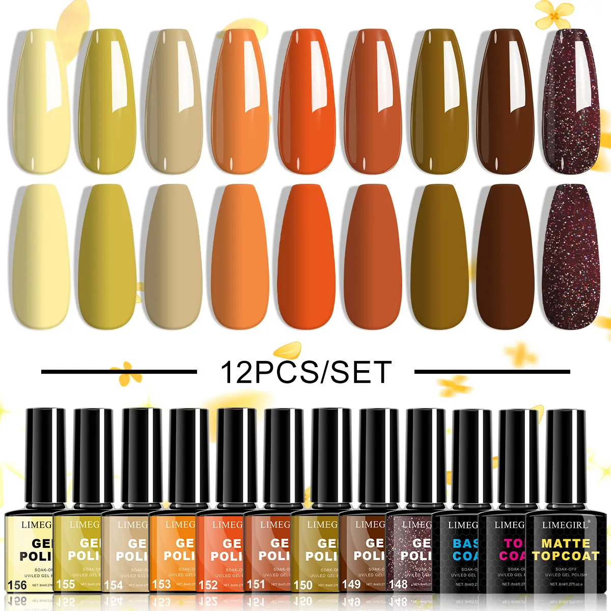 LIMEGIRL 12-piece set of gel nail polish set, 9-color gel nail polish set DIY fashion manicure holiday nail art gift for girls for use in family salon manicure lover