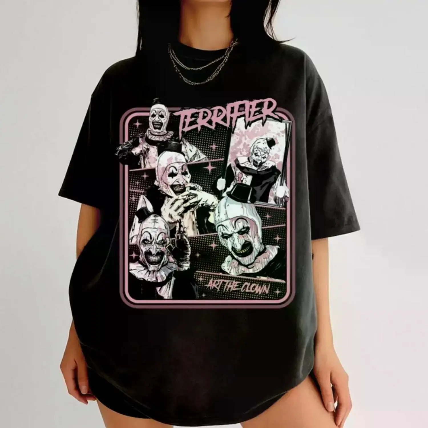 [100% Cotton][Graphic Tee]Terrifier Art The Clown Horror Movie T Shirt Scary Clown Tee Unisex Horror Fan Gift Casual Top for Women Black Streetwear Crewneck