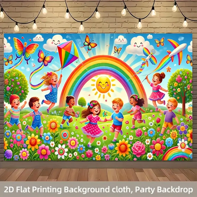 2D Flat, A 2D Banner, Photo Backdrops, Party decoration supplies, Rainbow Party Decorations, 1pc, Featuring a Rainbow Joy Party Theme, Polyester Backdrop Adorned with Cheerful Faces, Rainbows, Ideal for Celebrations