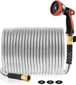 Garden Hose 50 ft Metal - Stainless Steel Water Hose Flexible Metal Garden Hose Collapsible and No Kink Water Pipe High Flow Nozzle
