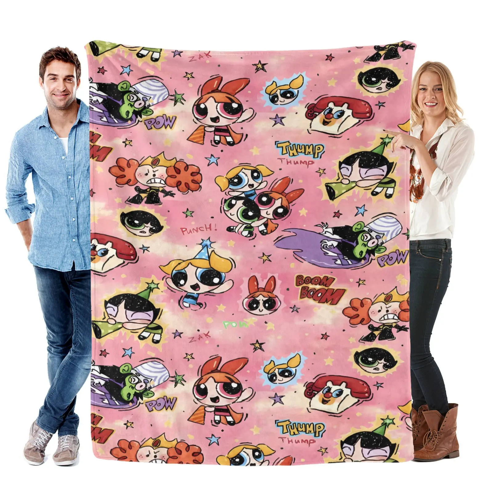 Cartoon Powerpuff Girls Pattern Flannel Blanket - Premium Plush Nap Throw, Cartoon Pattern Blanket for Living Room, Ideal Gift for Kids, Mother's Day, Valentine's Day, Birthday, Christmas