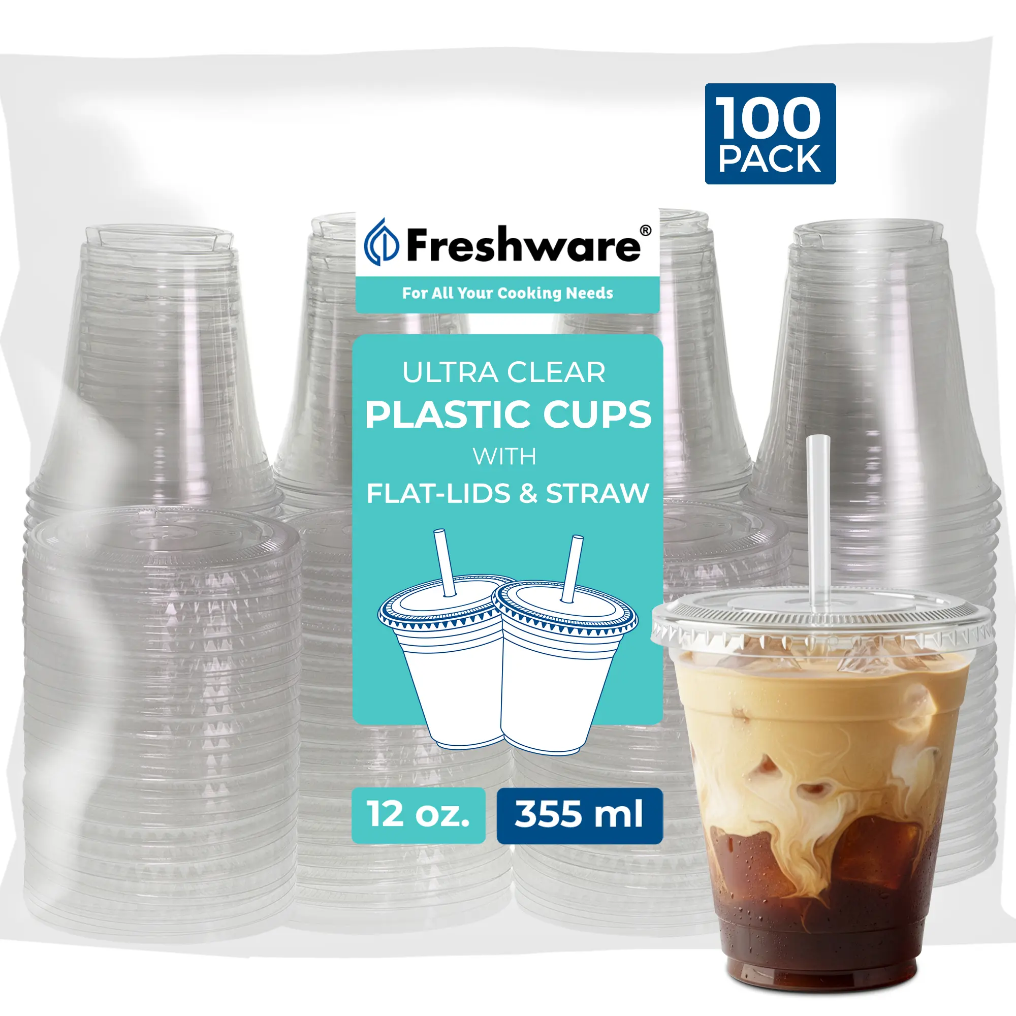 FRESHWARE 12oz High-Quality Transparent Heavy-Duty Eco-Friendly Plastic Disposable Drink Cups with Colorful Lids & Straws, 100-Pack for Halloween, Christmas, Iced Coffee