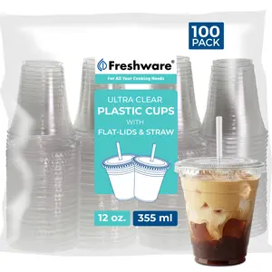 Freshware 12 oz Clear Disposable Cups with Lids & Straws – 100 Pack Heavy Duty Plastic Cups for Iced Coffee, Smoothies, Milk Tea, Juice, Parties & Events