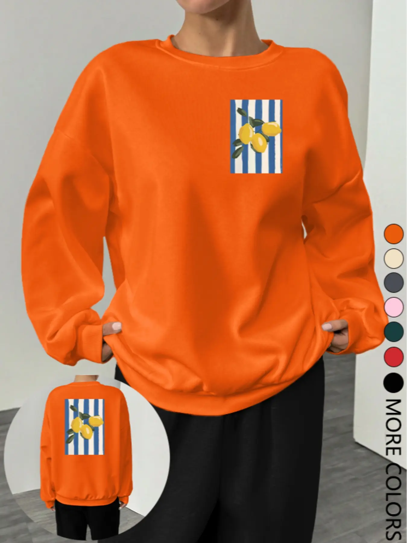 New Creative Simple Letter Lemon Print Casual Pullover Long Sleeve Round Neck Sweatshirt for Women, Trendy Multi-Color Options
