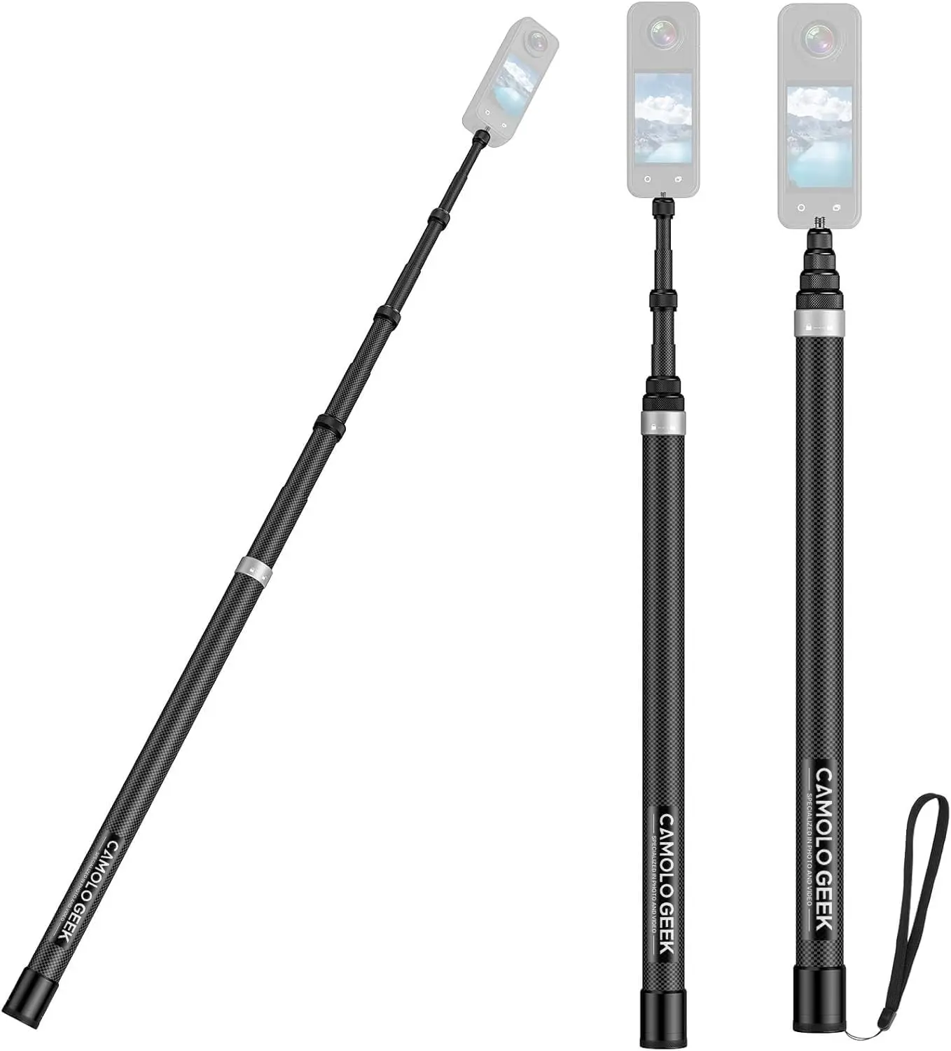 CAMOLO 118"/3.0m Invisible Selfie Stick Carbon Fiber, 9.8ft Extended Super Long Pole Compatible with Insta360 X4 X3 ONE X2, R, X, GO 3S 3 2 Action 360 Camera (17 to 118")