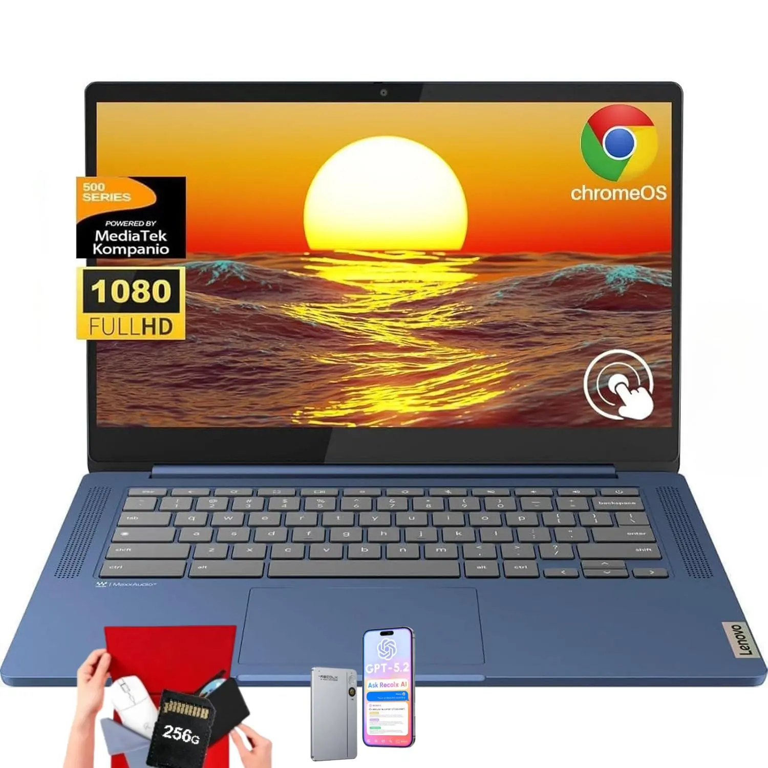 Lenovo 2026 Slim 3 14" FHD Touchscreen Chromebook | 8-Core MediaTek 520, Up to 16GB RAM, 64GB eMMC+128GB Micro SD, 13.5H Battery, WiFi 6, Chrome OS, Student Business Laptop with Bundle Accessory
