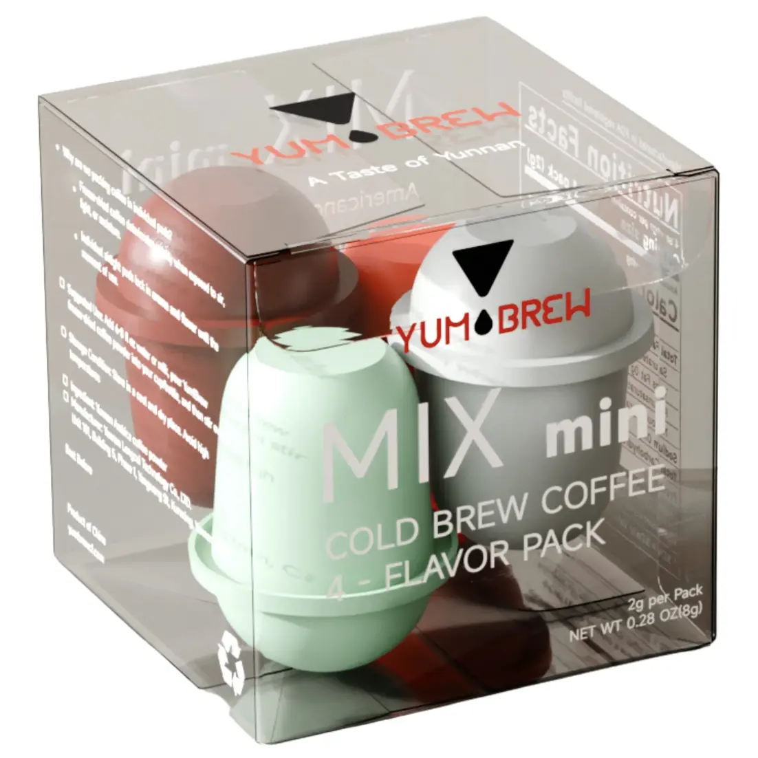 Yum!Brew Mix Mini Instant Coffee Pods – 4 Flavors | Premium Freeze-Dried Yunnan Arabica | Hot or Cold Brew | No Sugar | Travel-Friendly Variety Pack | Americano, Espresso, Jasmine, Coconut | 4 x 2g Pods
