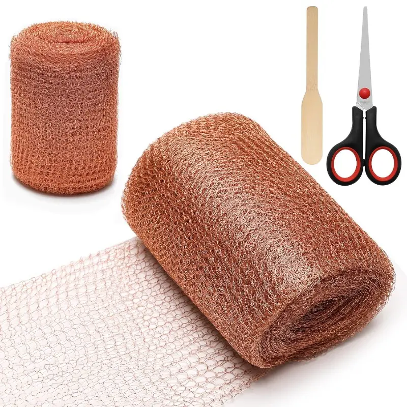 Copper Mesh Roll, Blocker for Hole, Double Layer Copper Fill Fabric, Gap Hole Filler, Copper Wool for Bat Snail Bird Rodent Control, Copper Wire with Packing Tool and Scissors for Plants Garden