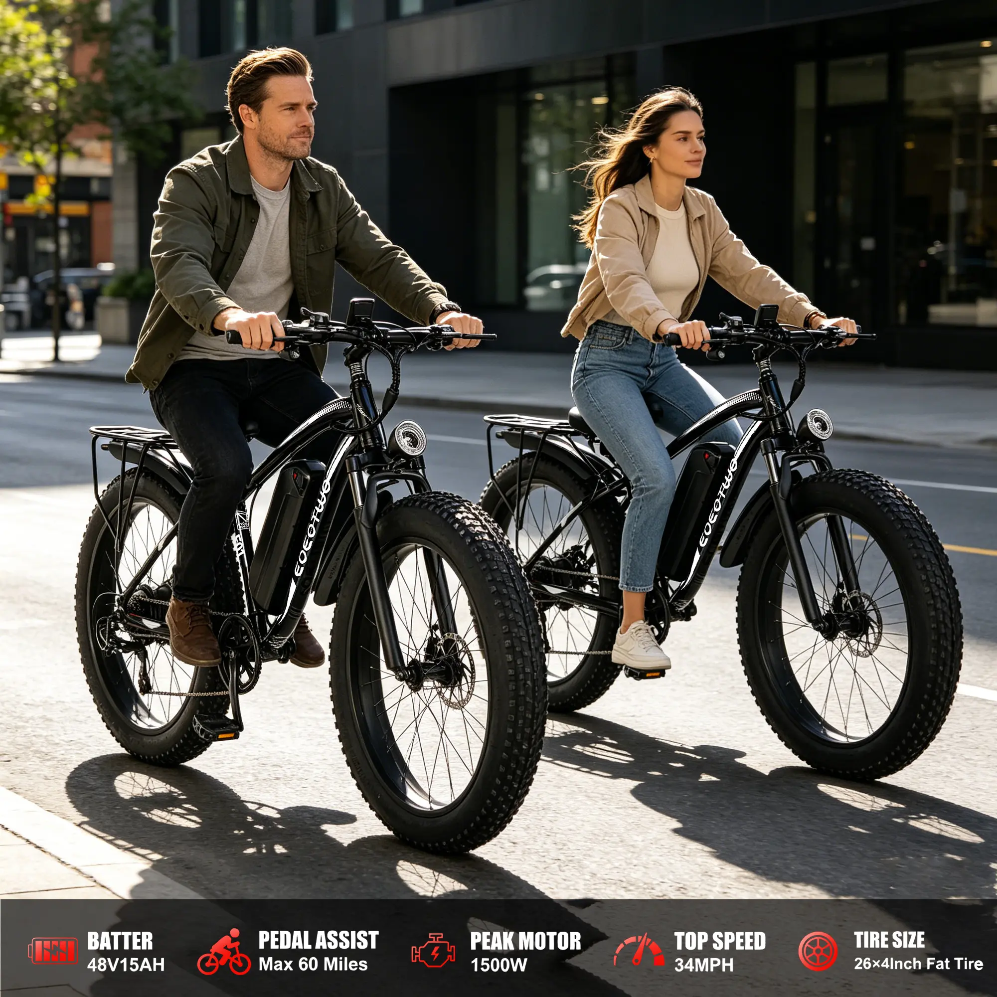 EOEOTWO  E01 Mountain Electric Bicycle, Peak Power 1500W, 26 * 4-inch wide tires, 48V 15AH all-terrain electric bicycle, Range 60 miles, Speed 34 miles per hour. Suitable for road, sandy, mountain and snowy terrain electric bicycles, Weight (29.4KG) - E01