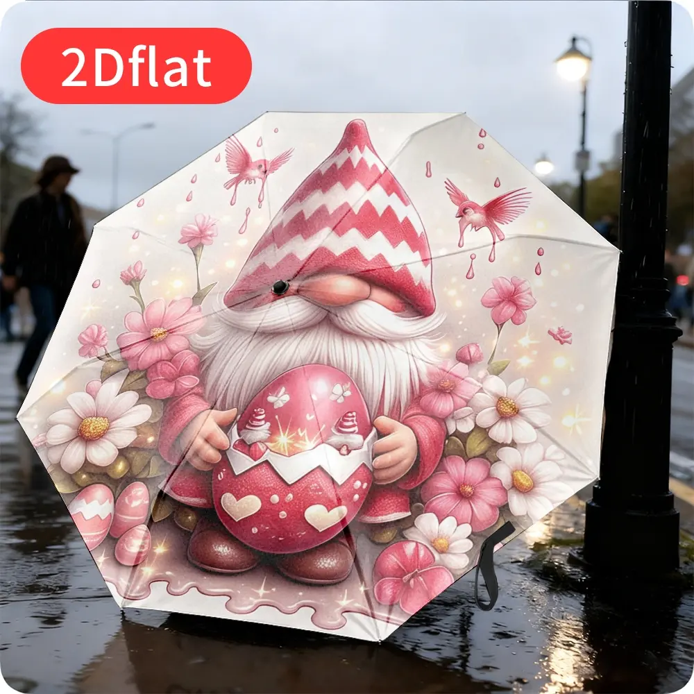 An Easter-themed capybara folding umbrella – featuring an adorable red gnome design holding a pink Easter egg and flowers, lightweight and portable, with a durable canopy made of sturdy plastic and metal, perfect for