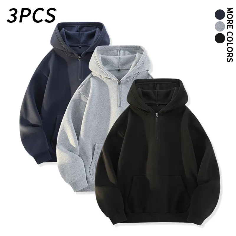 3 pcs unisex loose hooded pullover hoodies in assorted colors, featuring a simple half zip design and thick, soft knit fabric—versatile casual tops.Suitable for shopping, coffee dates, vacations, leisure activities, and everyday minimalist outfits.