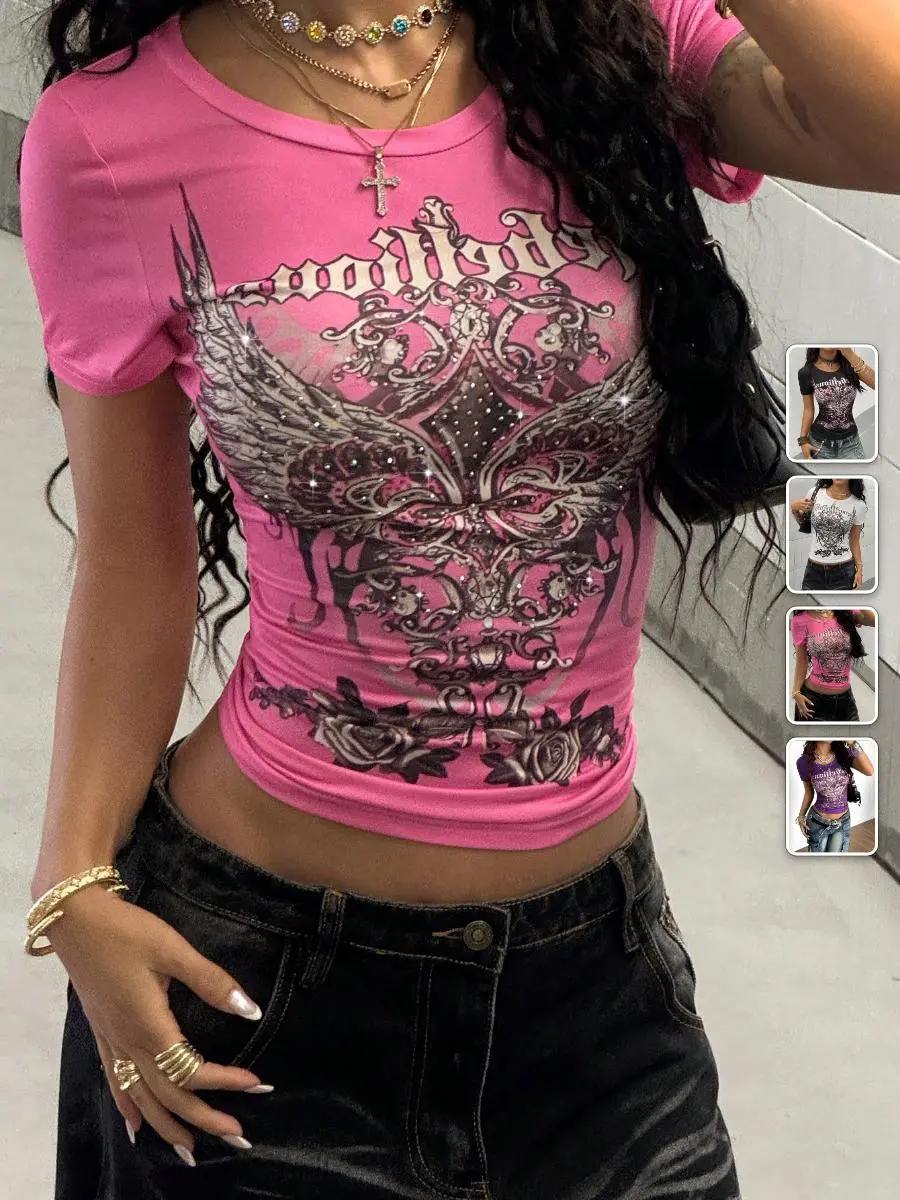 LACEX Gothic graphic tee fuchsia rhinestone fitted Y2K streetwear punk