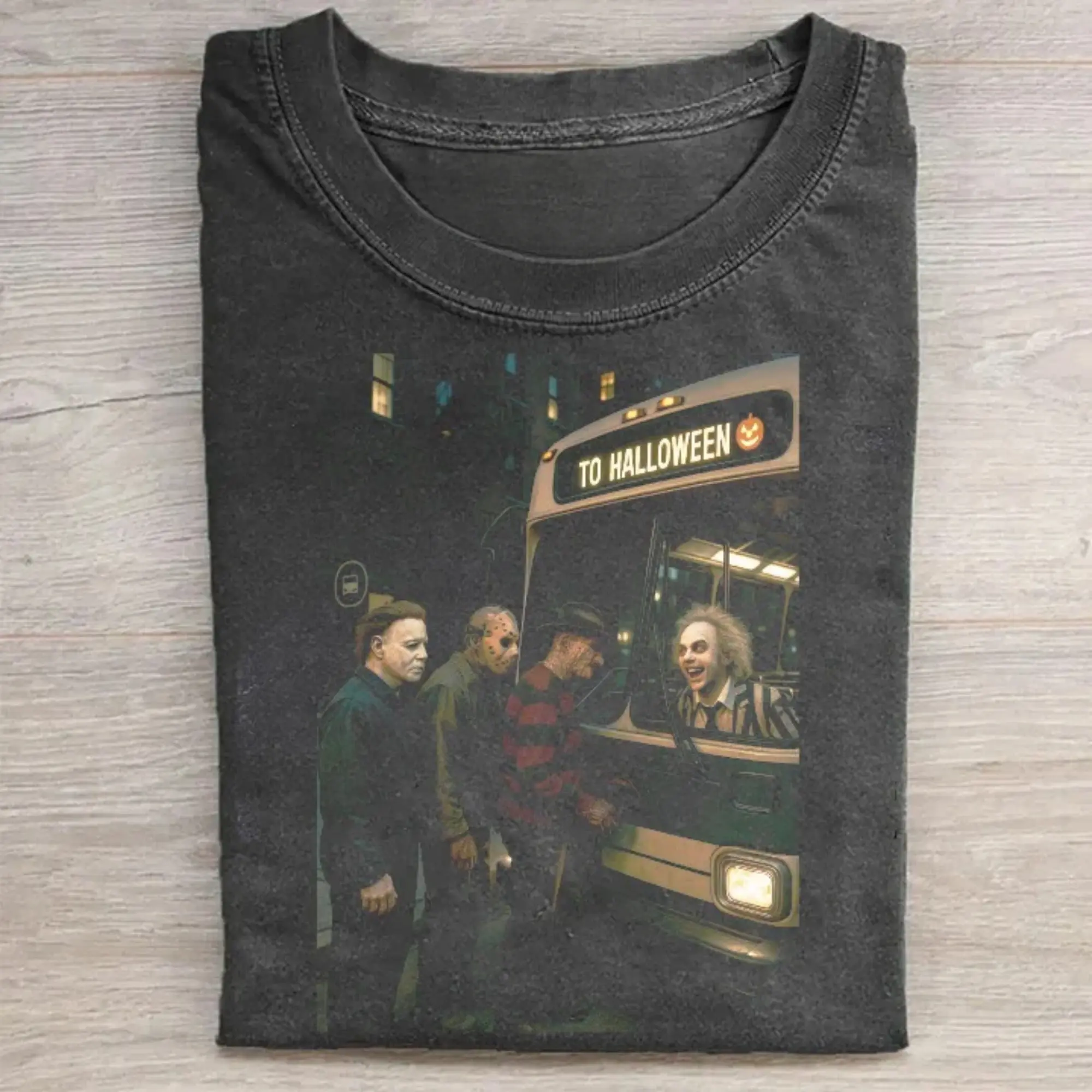 Vintage Horror Villains To Halloween Bus Ride T-Shirt - Michael Myers Freddy Jason Beetlejuice Graphic Tee, Spooky Movie Mashup Shirt, 90s Pop Culture Shirt, Fitted Shortleeve T-Shirt, Men's Black Round Neck Menswear, Gift for Men