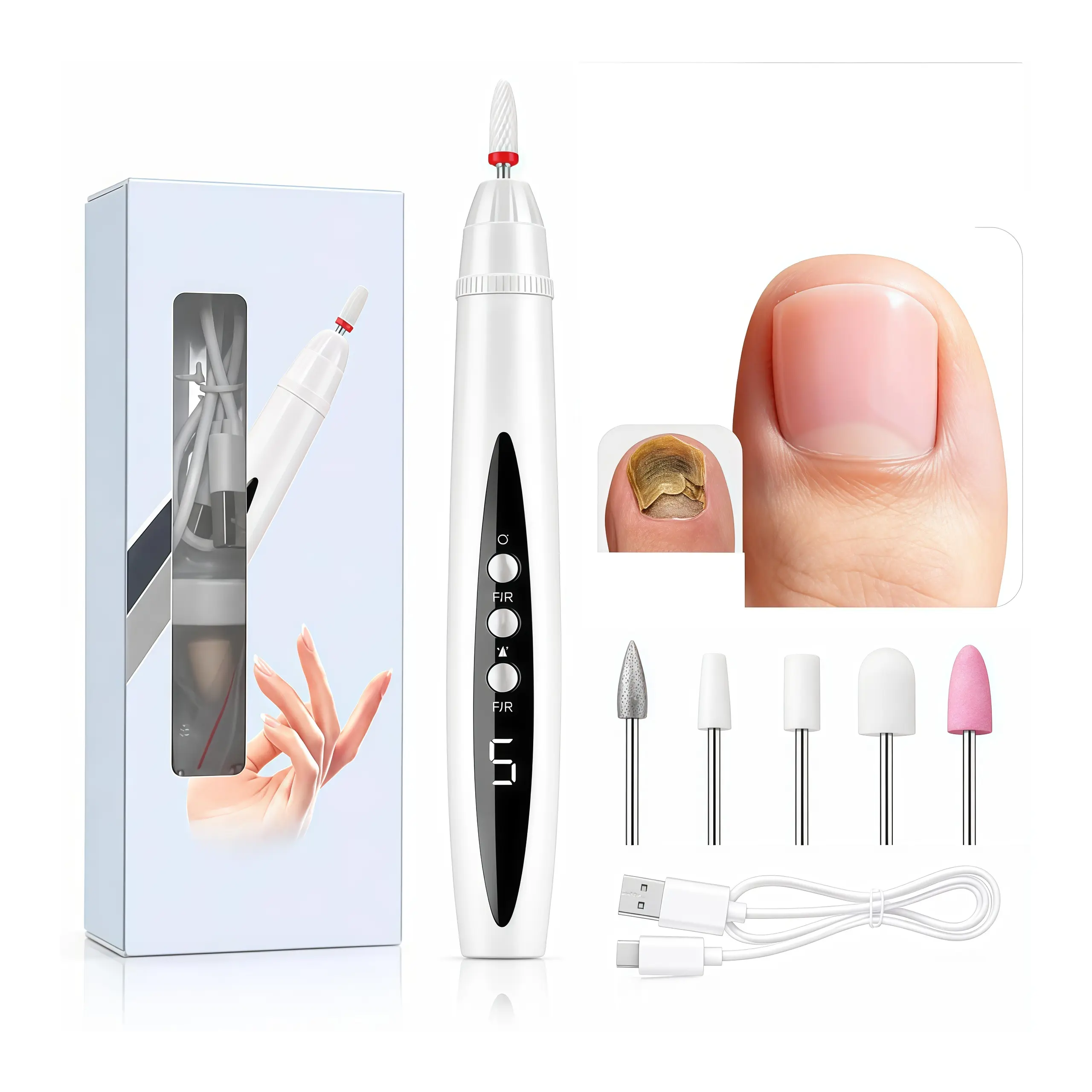 Electric Nail Drill Pen, 5 InterchangeableNail Bits for Easy Shaping & Grooming IPortable Rechargeable Manicure & PedicureTool for Fingernails & Toenails