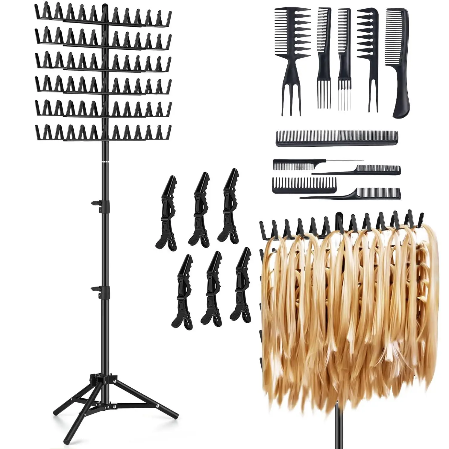 Hair Braiding Stand Set, 17pcs/set Hair Extension Display Stand with Tool Set, Adjustable Portable Hair Extension Storage Rack for Salon, Home, Hotel, Travel, Christmas Gifts, Hair Products, Curly Hair Products