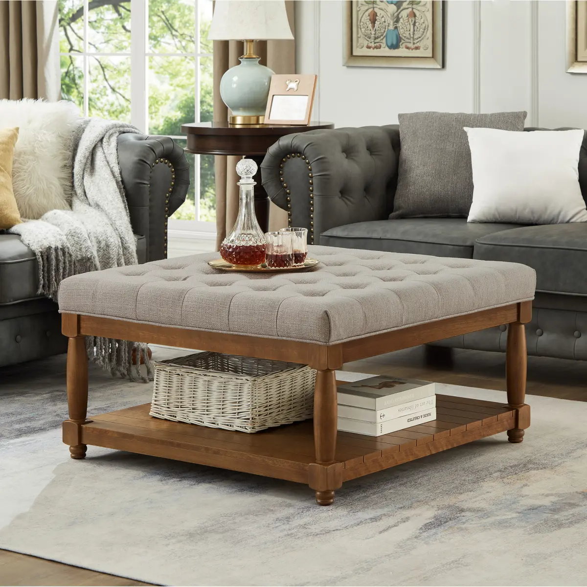 Classic Square Linen Upholstered Tufted Ottoman Coffee Table - 33.5"l x 33.5"w x 18"h, Nail Trim, 300 lbs Capacity, Solid Wood Shelf, Durable Wooden Legs, Footrest Seat, Restaurant-Ready, Indoor Use, Effortless Assembly in 5 Minutes, Coffee Tables, Effort