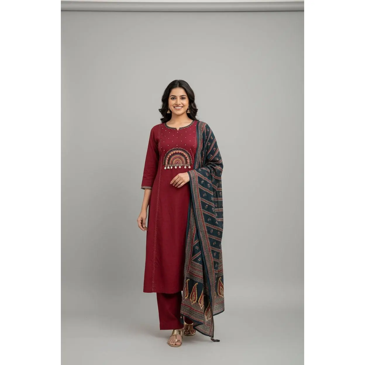 Women's Cotton Maroon Kurta Set with Dupatta, Traditional Suit Design - Includes Matching Pants (Lady's Bottom Wear), Medium (38)