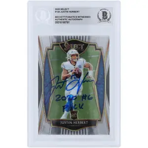 Justin Herbert Los Angeles Chargers Autographed 2020 Panini Select Premier Level #144 Beckett Fanatics Witnessed Authenticated Rookie Card with "2020 #6 PICK" Inscription - Fanatics Authentic Certified