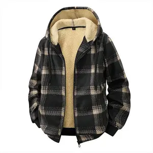 Men's Black and Wheat Plaid Fleece-Lined Hoodie Jacket - Fleece Lining, Checkerboard Print, Warm Jacket for Cool Weather