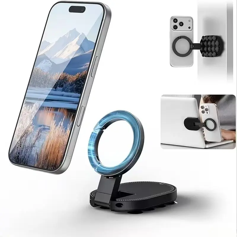 QY76 MagLock Magnetic Phone Mount - Portable Suction Cup Grip Stand with Iron Clip for iPhone 17/16/15/14, Car Interior Accessory That Sticks to Desktop, Wall & Glass, Landscape