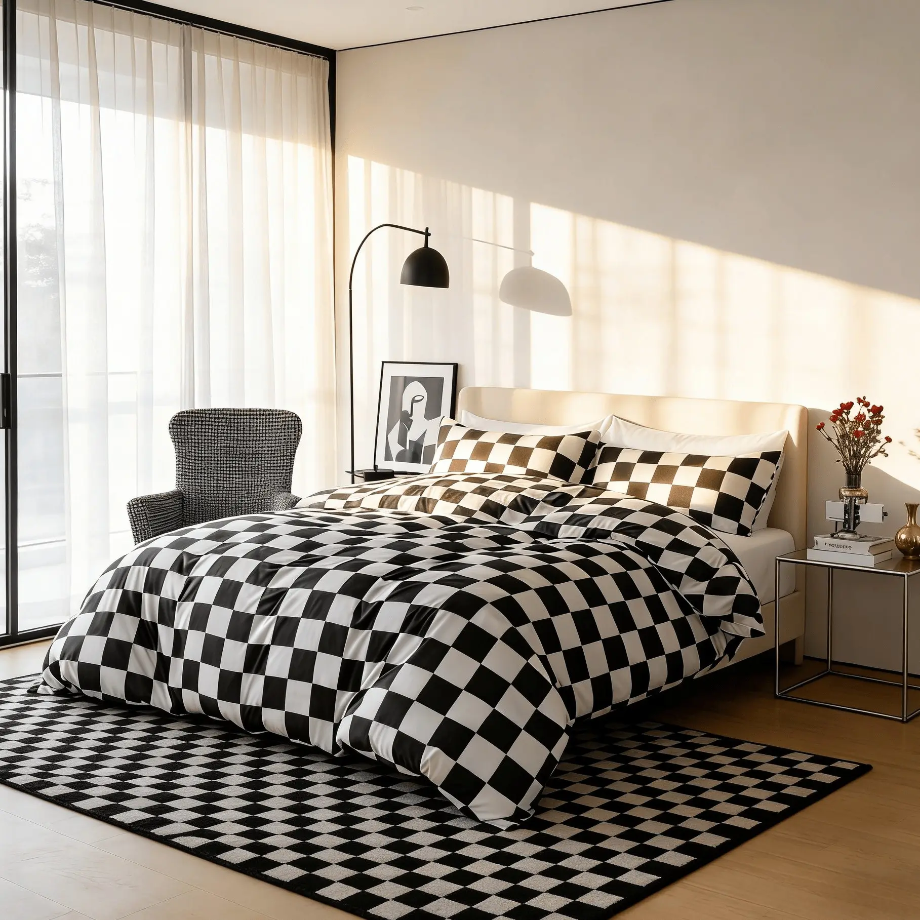 Modern Chessboard Pattern Bedding Set, Comfy Bedding Set, Soft Durable 3-Piece Sheet Set Includes 1 Duvet Cover & 2 Pillowcases, No Insert Perfect Bedroom Decor