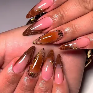 Press on Nails - Long Stiletto Glue on Nails with Fall Brown Tortoise, Acrylic Gold Chrome Design 24 pcs