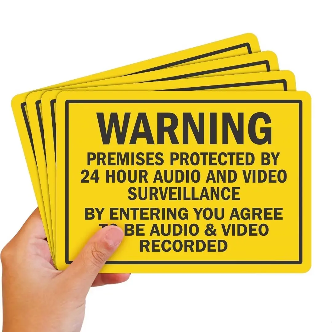 (Pack of 4) 5 x7 inch “Warning - Premises Protected by 24 Hour Audio and Video Surveillance” Sticker Labels, 5 mil Laminated Polyester with SuperStick Adhesive, Black and Yellow