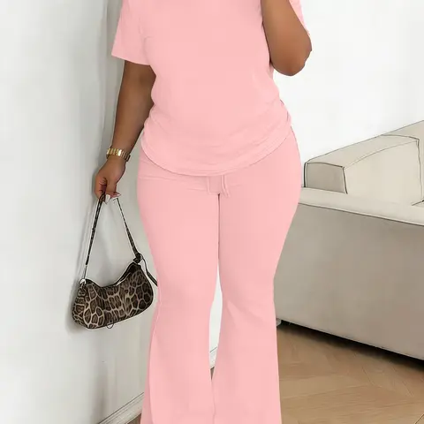 Women's Casual Chic Loose-Fitting Short Sleeve Set, Solid Plain High-Waisted Flared Pants & Top, Spring Fall Fashion, Womenswear Plus Size Comfortable Wear, High Waisted Sets