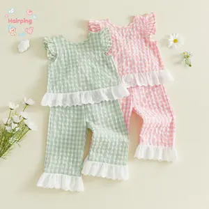 Baby Girls Gingham 2 Piece Set, Green/Pink Ruffle Sleeve Smocked Top & Lace Trim Pants, Casual Summer Outfit for Toddler, Soft Cotton Blend for Play & Photoshoots