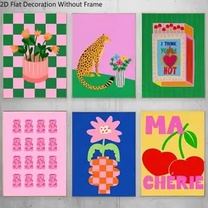 Trendy Retro Wall Art Set (6 Pieces), Colorful Postmodern Decor, Floral Boho Print, Checkered Flowers, Cheetah, Cherry, Candy Bear Poster, Art Wall Decoration, Decoration Items, Floral Prints