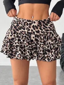 Girls' Y2K Leopard Print Ruffle Skirt with Safety Pants Design, Layered Wave Hem Short Dress for Party Everyday Daily Wear Vacation