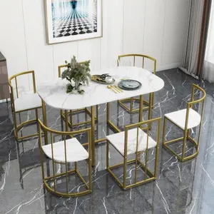 Modern 7-Piece Dining Table Set with Faux Marble Table and Triangular Chair Design, Compact 55Inch Kitchen Table Set for Small Places (Golden+White）
