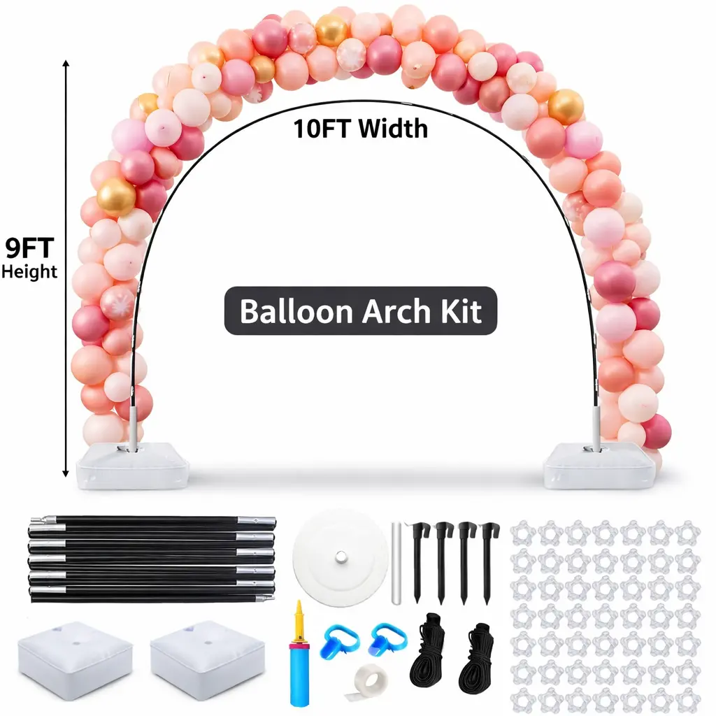 9FT x 10FT Adjustable Balloon Arch Stand Kit - Complete Party Decoration Set with Water-Fillable Base, Balloon Pump, Photo-Ready for Weddings, Birthdays