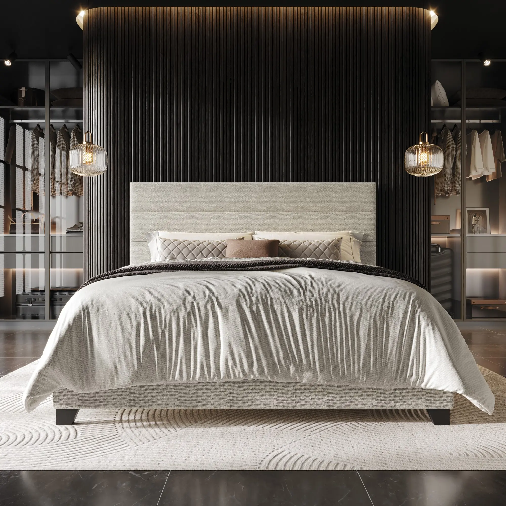 Favorer Corydon Upholstered Panel Bed - Contemporary Style, Platform Design for Indoor Bedroom Furniture, Upholstered Platform Bed, Contemporary Upholstered Bed